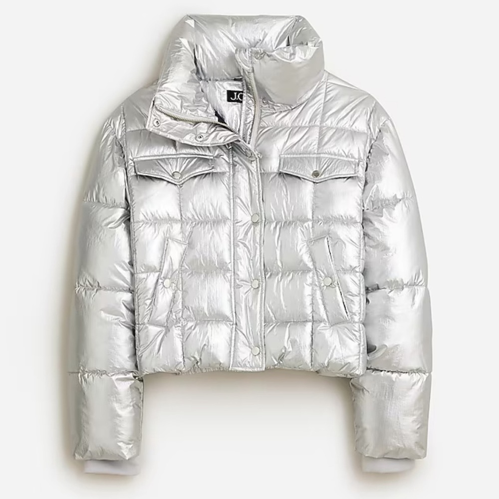 New JCrew Cropped puffer jacket in metallic silver with PrimaLoft